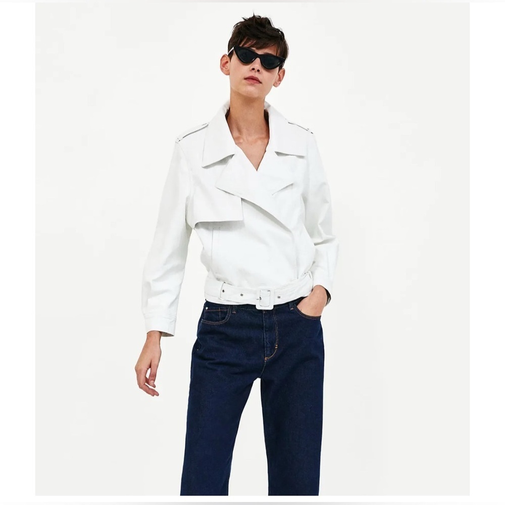 Zara White Faux Leather Moto Jacket Belted Oversized Lapel Medium